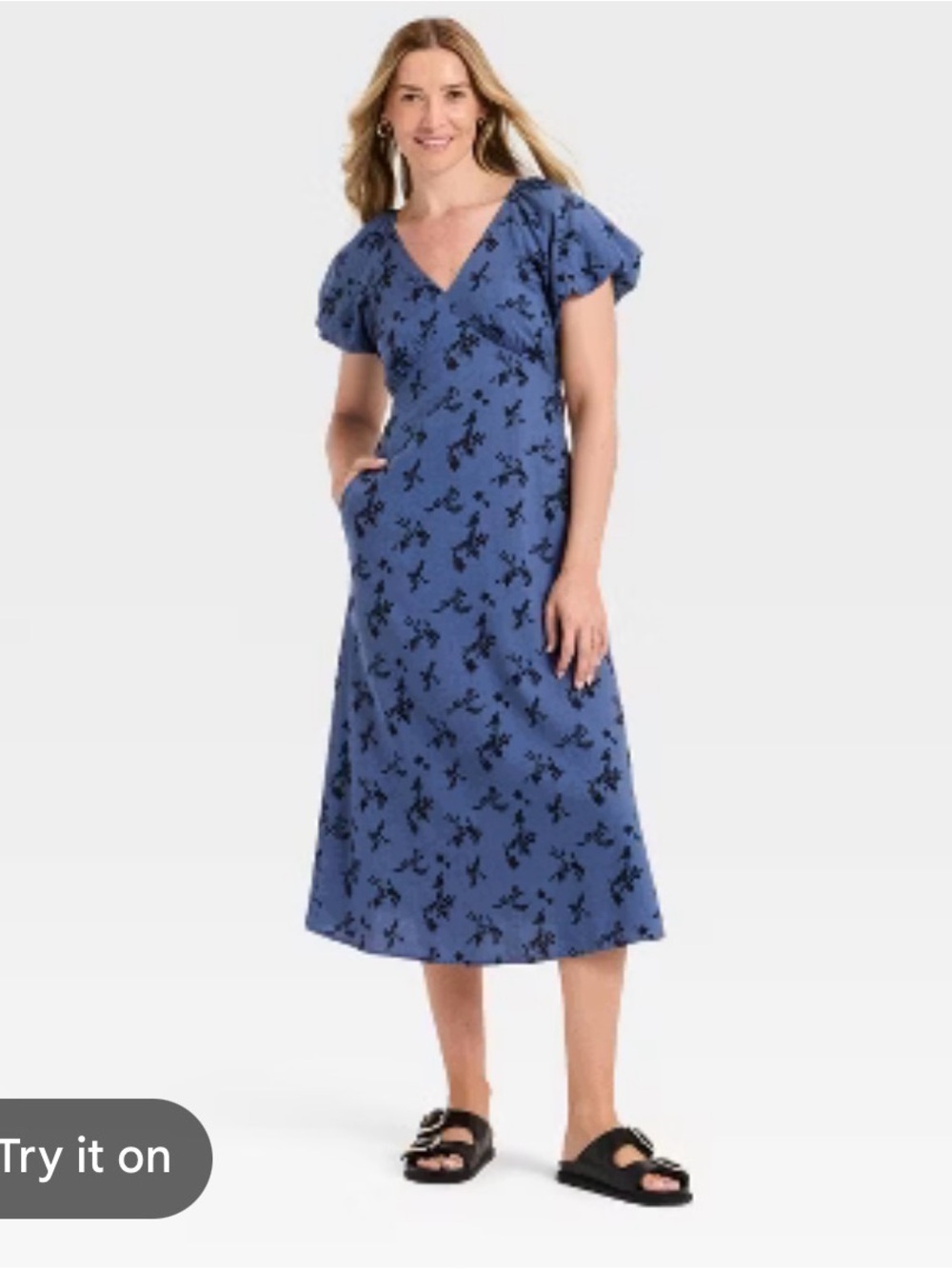 Universal Thread Blue Floral Puff Sleeve Midi Dress with Pockets | Small